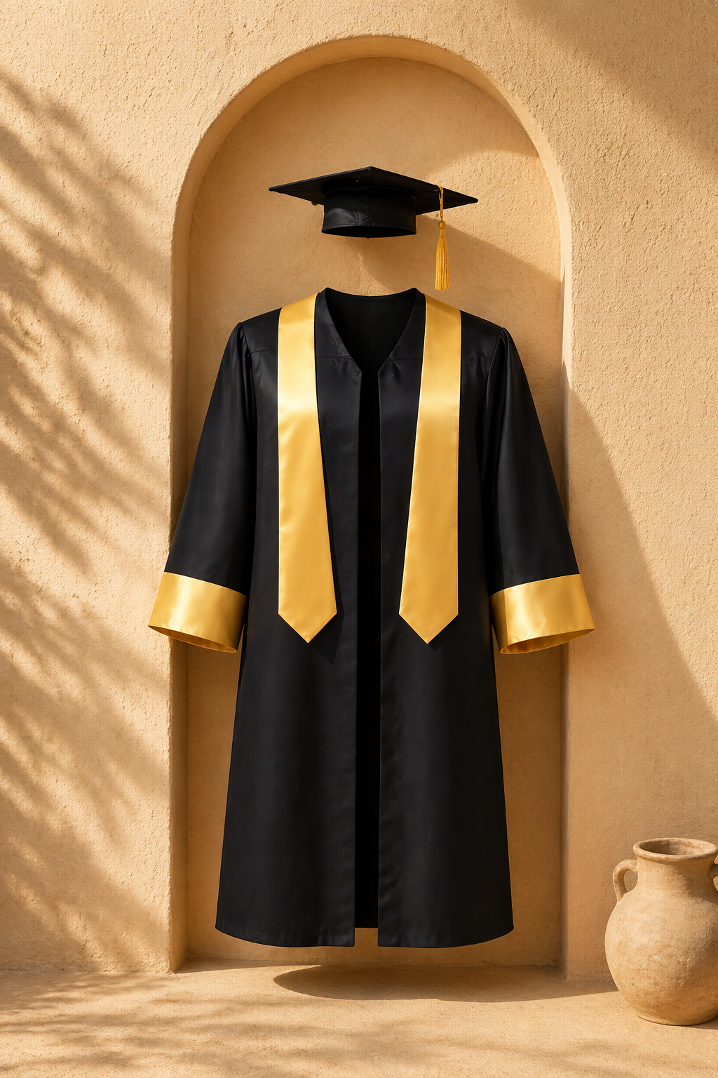Graduation gown with a gold cap and a gold stole.