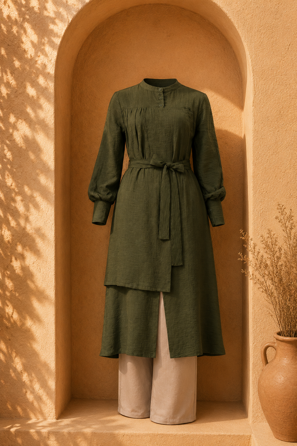 Olive Long Blouse Suit with Beige Wide-Leg Pants
