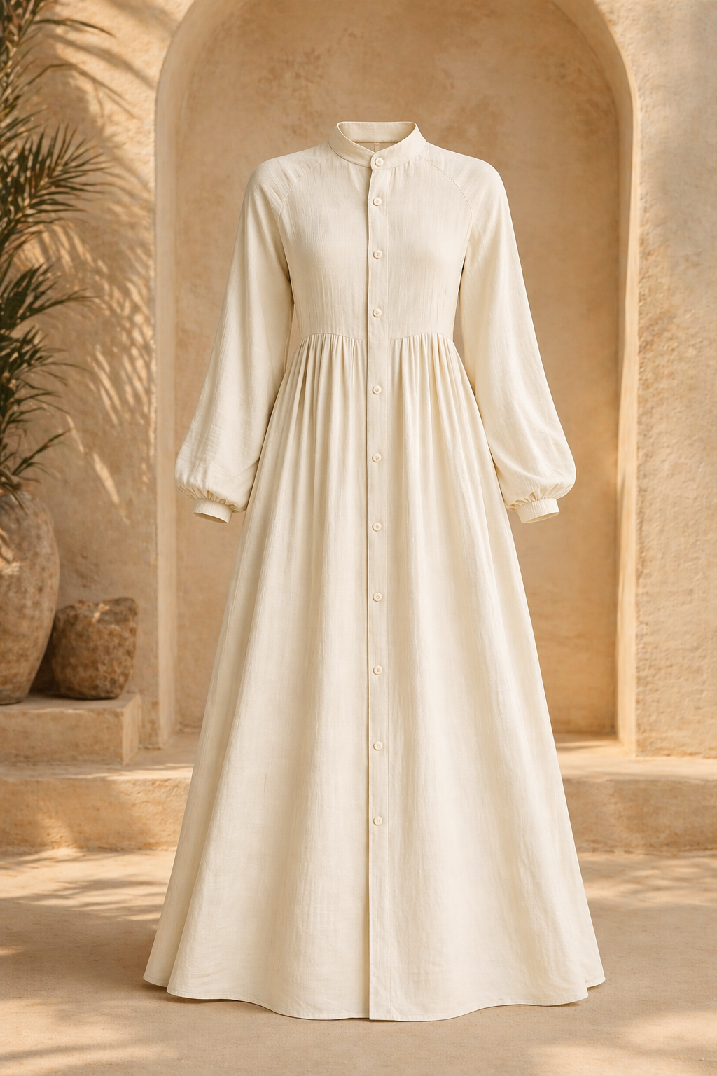 Cream button-front flared dress.