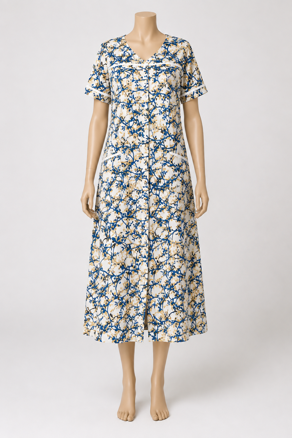 فستان بيتي قطن بنقشة ورد أزرق | Blue Floral Cotton Home Dress