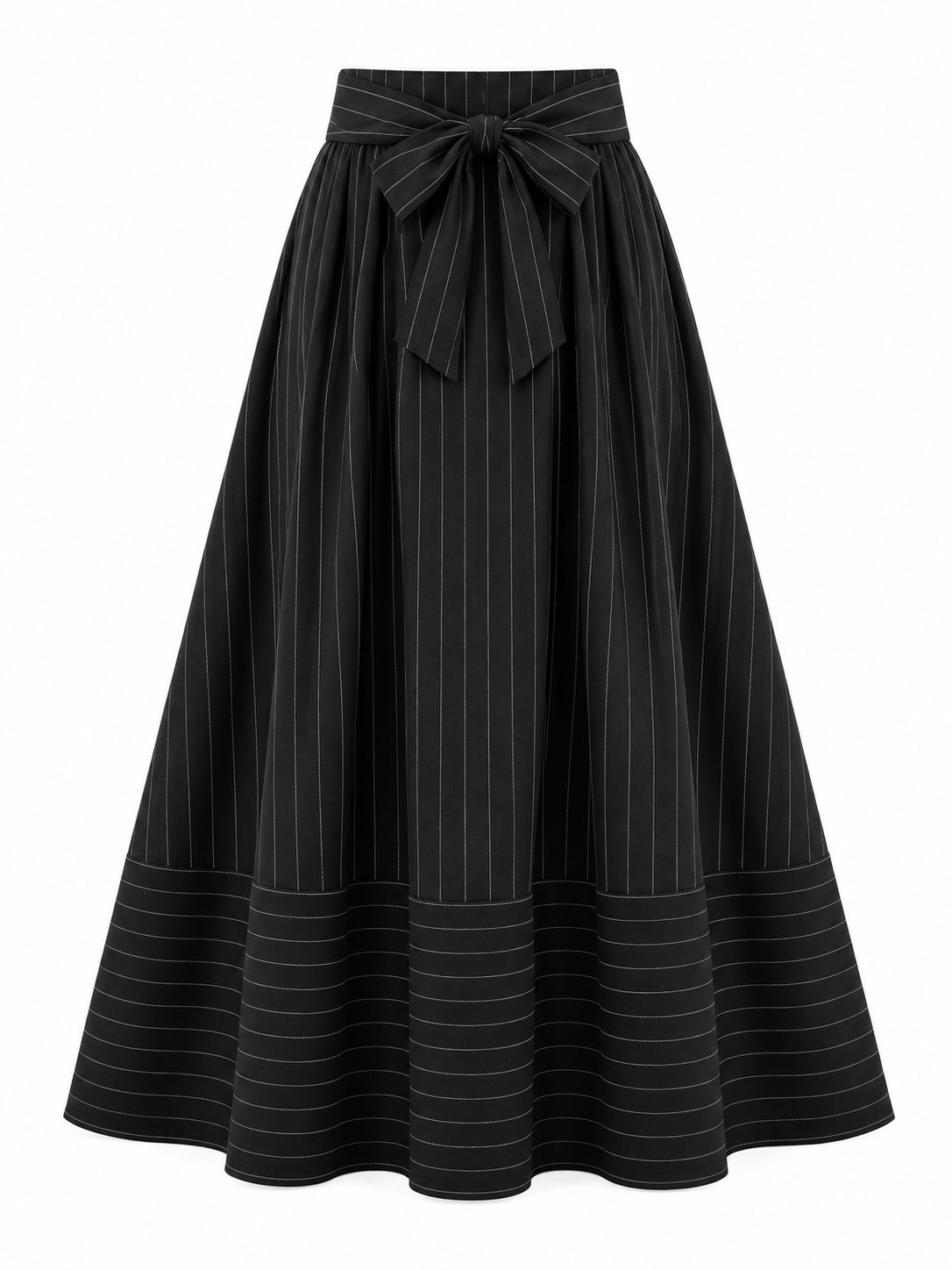 جيبة جبردين مقلمة بفيونكة أسود | Striped Gabardine Bow Skirt – Black