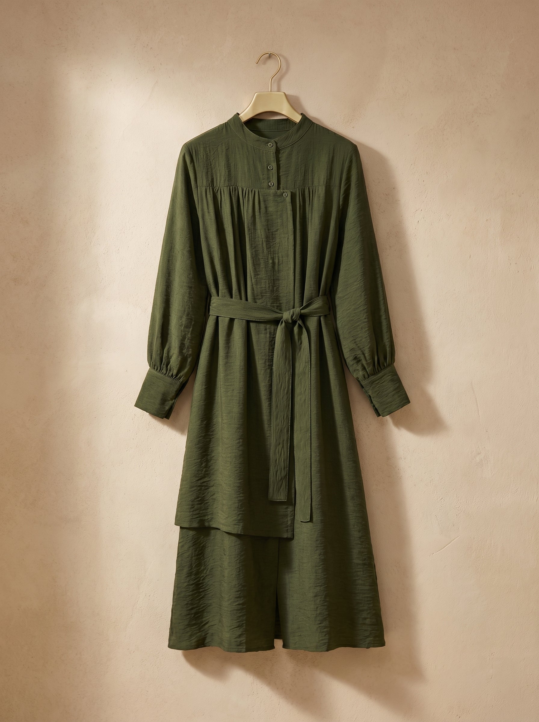 Olive Long Blouse Suit with Beige Wide-Leg Pants