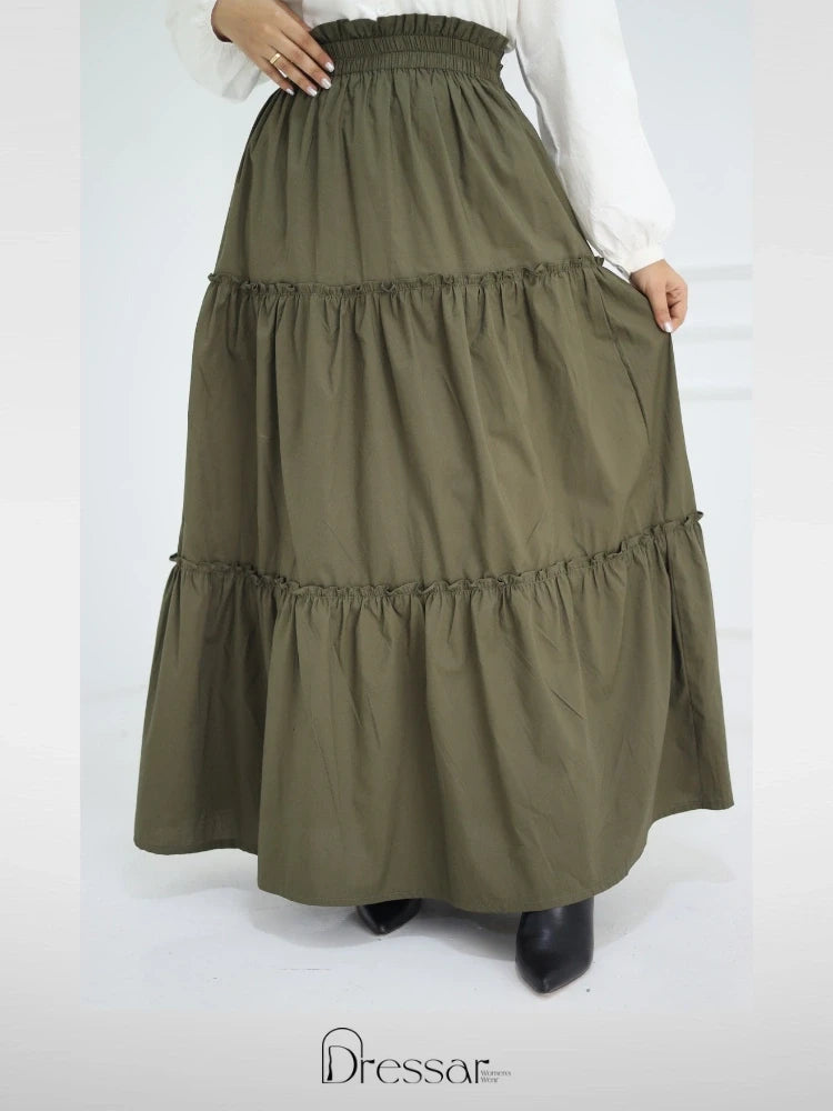 Olive Green Tiered Ruffled Maxi Skirt