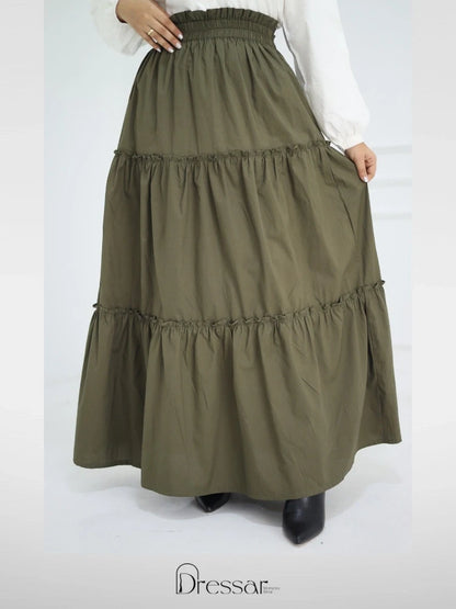 Olive Green Tiered Ruffled Maxi Skirt
