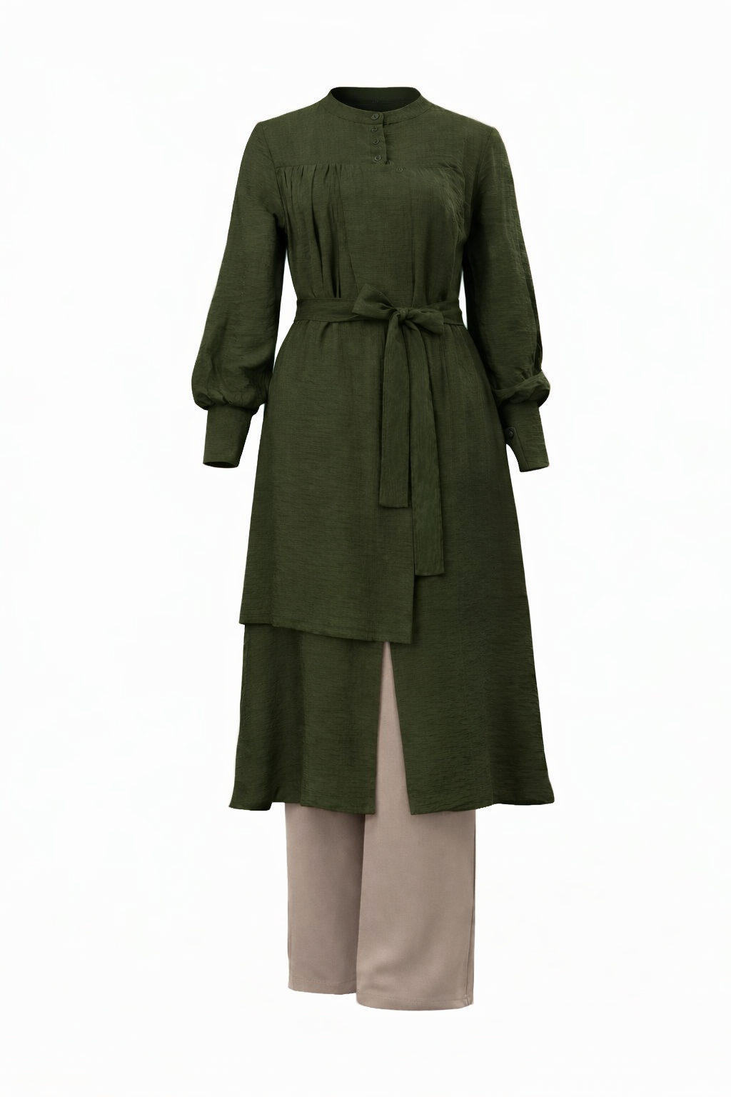 Olive Long Blouse Suit with Beige Wide-Leg Pants