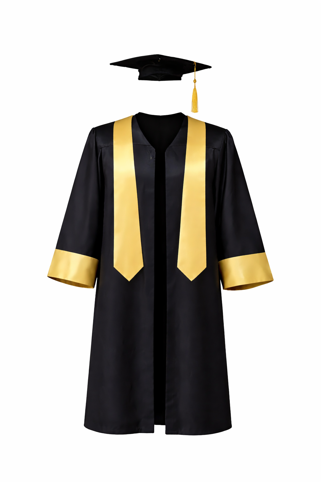Graduation gown with a gold cap and a gold stole.