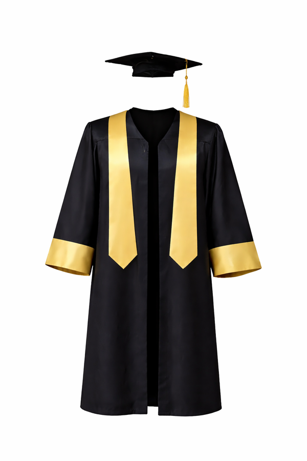 Graduation gown with a gold cap and a gold stole.