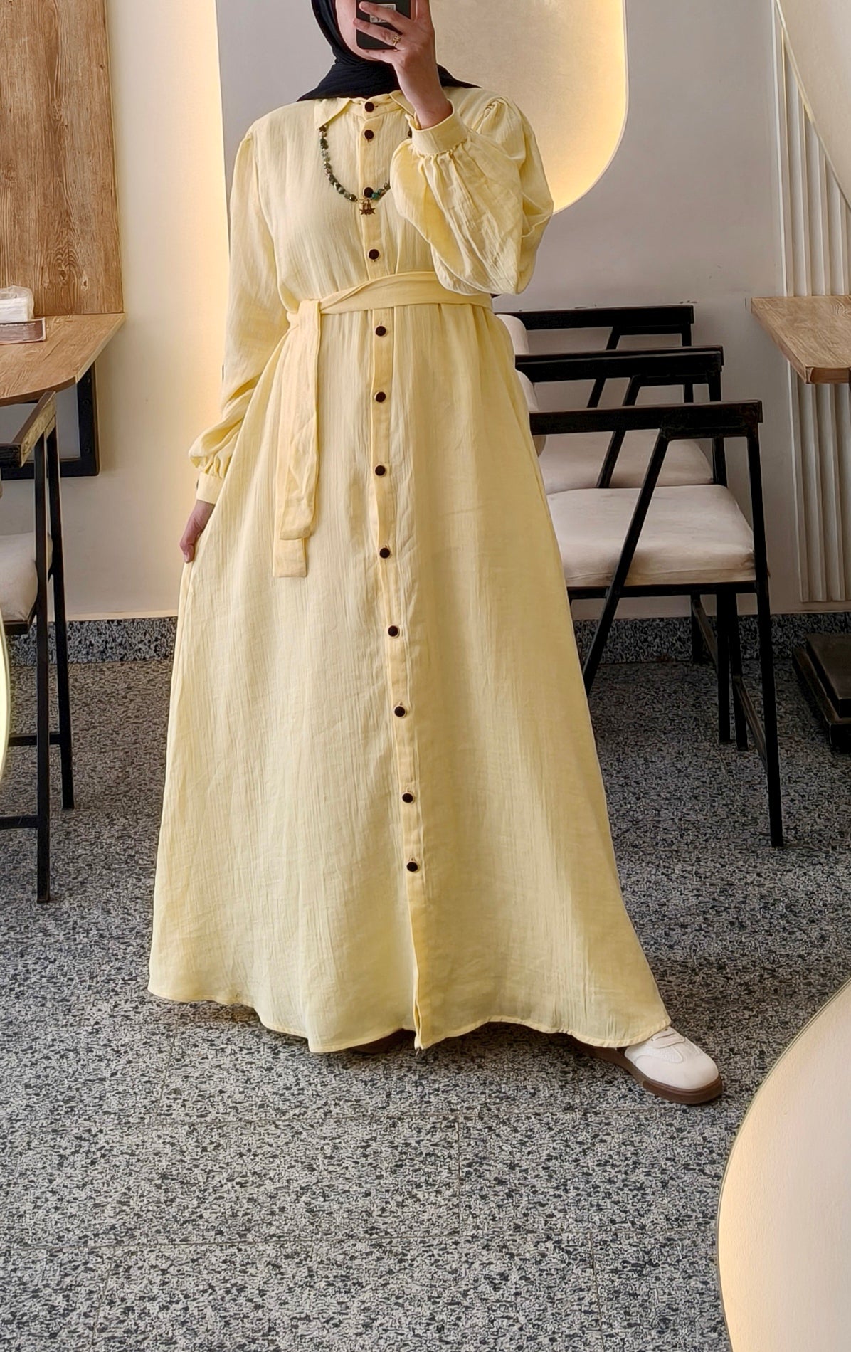فستان قميص أصفر بأزرار خشبية وحزام خصر | Yellow Shirt Dress with Wooden Buttons and Waist Belt
