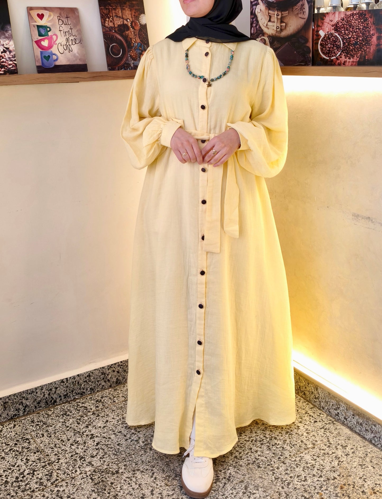 فستان قميص أصفر بأزرار خشبية وحزام خصر | Yellow Shirt Dress with Wooden Buttons and Waist Belt
