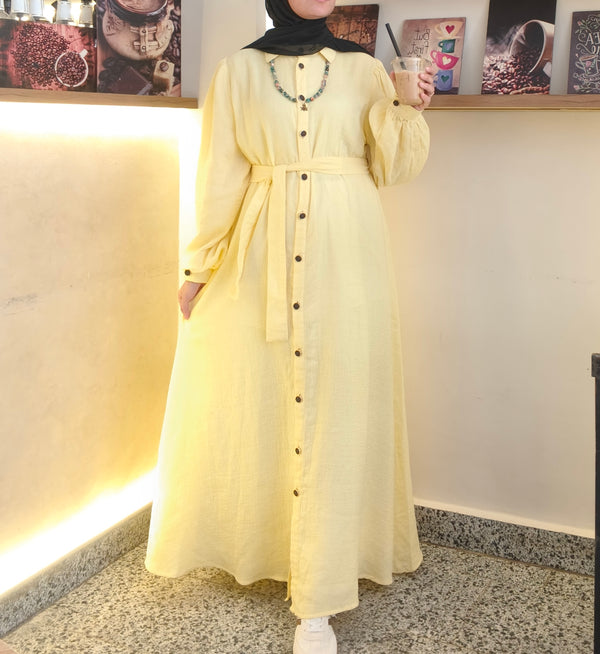 فستان قميص أصفر بأزرار خشبية وحزام خصر | Yellow Shirt Dress with Wooden Buttons and Waist Belt