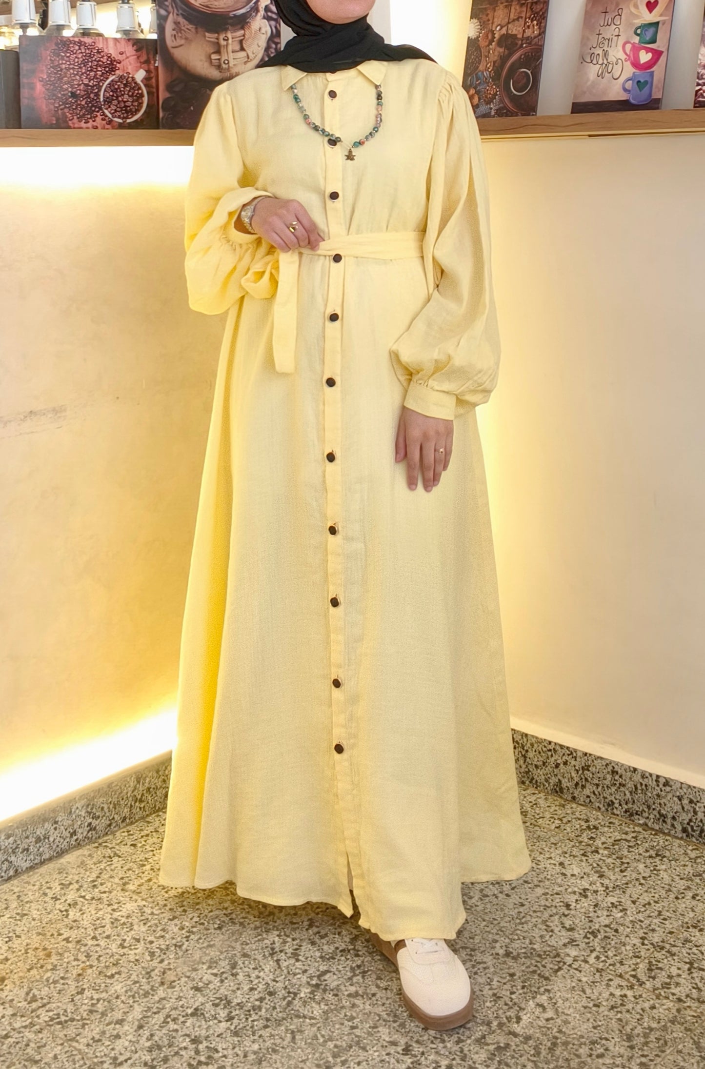 فستان قميص أصفر بأزرار خشبية وحزام خصر | Yellow Shirt Dress with Wooden Buttons and Waist Belt