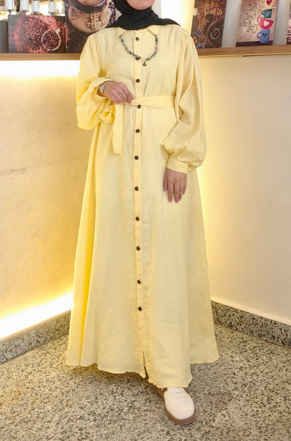 فستان قميص أصفر بأزرار خشبية وحزام خصر | Yellow Shirt Dress with Wooden Buttons and Waist Belt