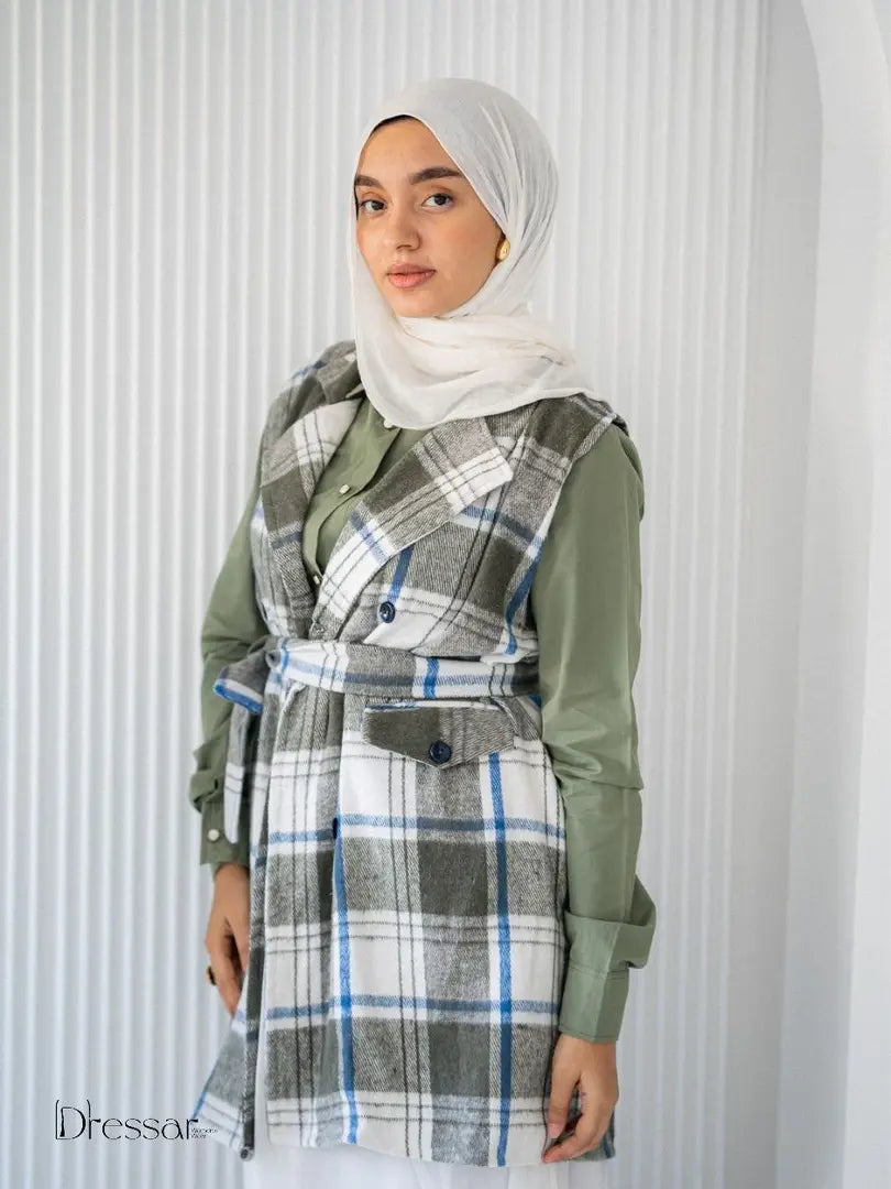 Plaid Wool Vest with Belt