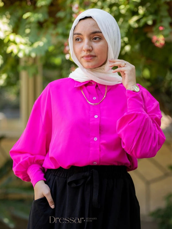 Soft Pink Puff Sleeve Blouse | بلوزة فوشيا بأكمام منفوخة