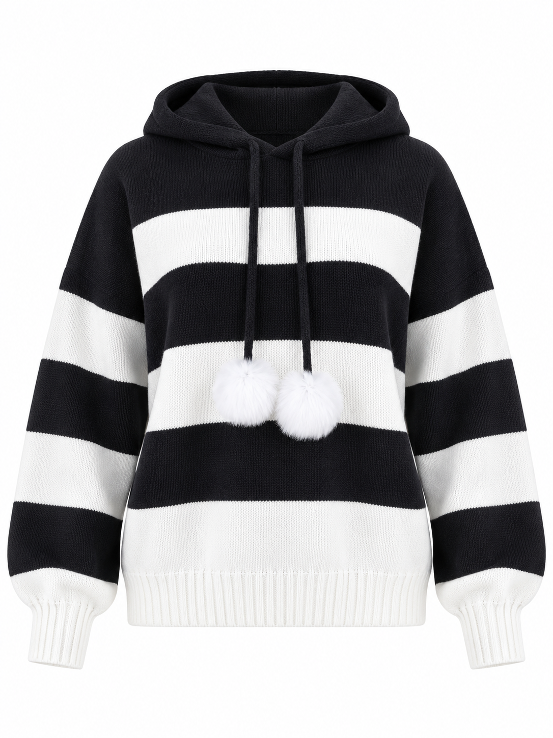 Striped Knit Hoodie with Pom-Poms