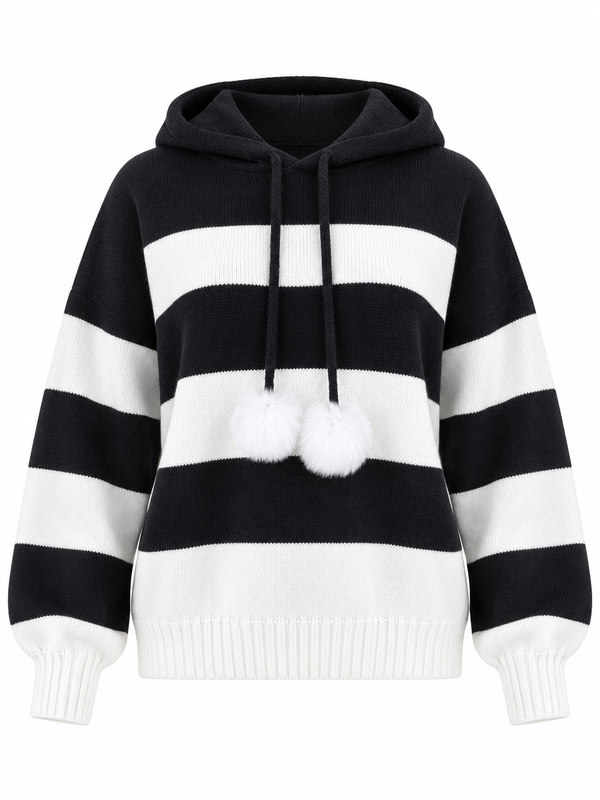 Striped Knit Hoodie with Pom-Poms