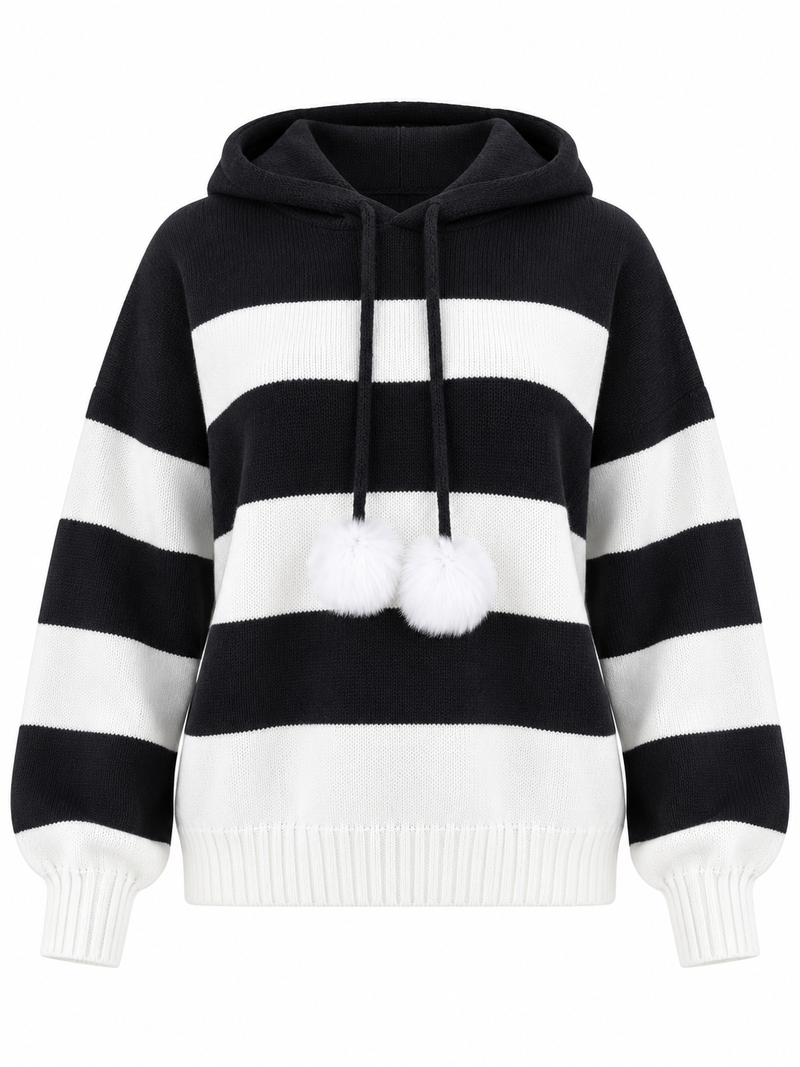 Striped Knit Hoodie with Pom-Poms