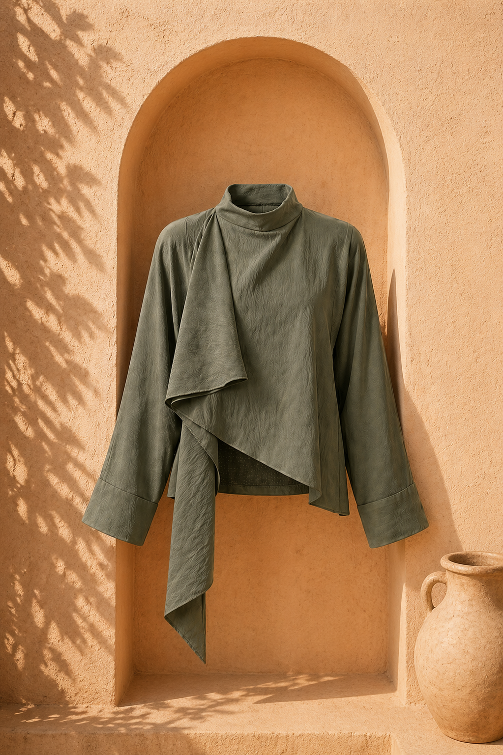 Olive blouse with a shoulder shawl
