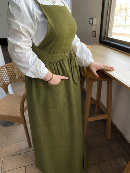 فستان زيتي بحمالات وحزام خصر - قماش كتان | Olive Linen Pinafore Dress with Waist Tie