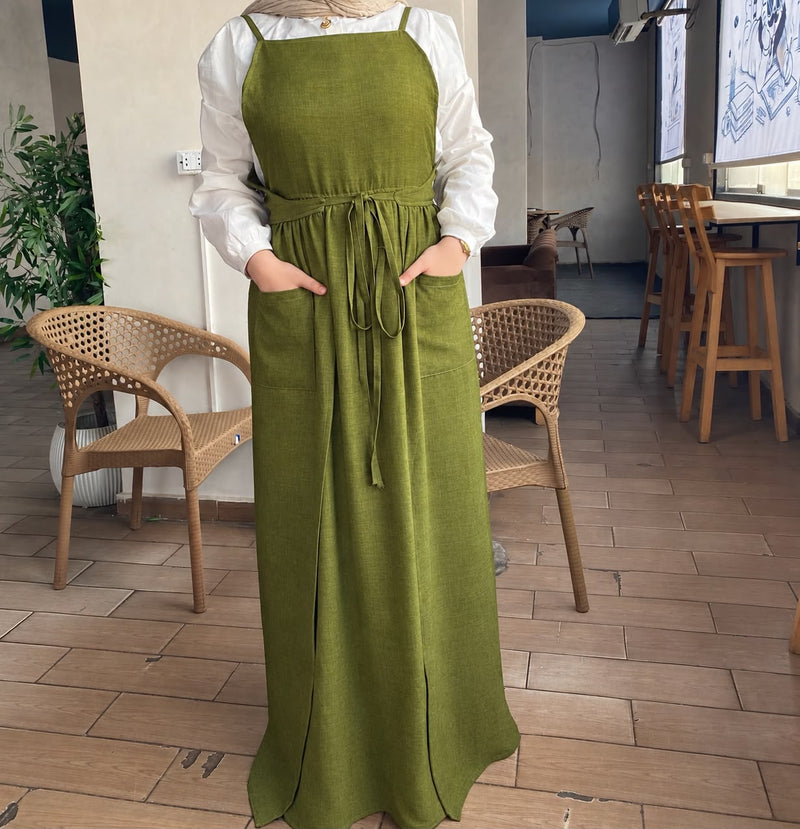 فستان زيتي بحمالات وحزام خصر - قماش كتان | Olive Linen Pinafore Dress with Waist Tie