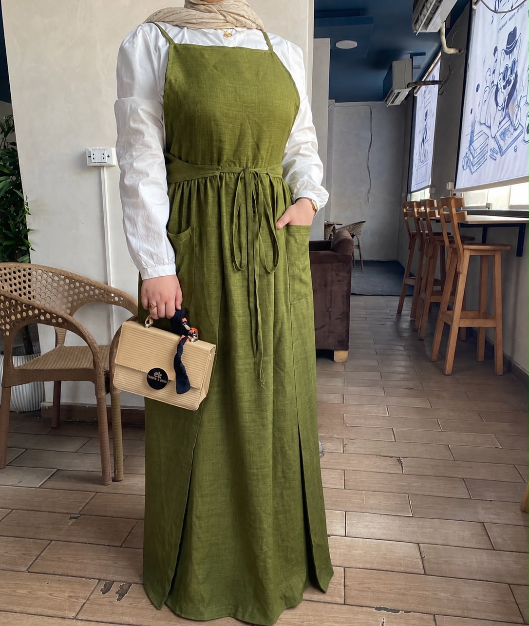 فستان زيتي بحمالات وحزام خصر - قماش كتان | Olive Linen Pinafore Dress with Waist Tie