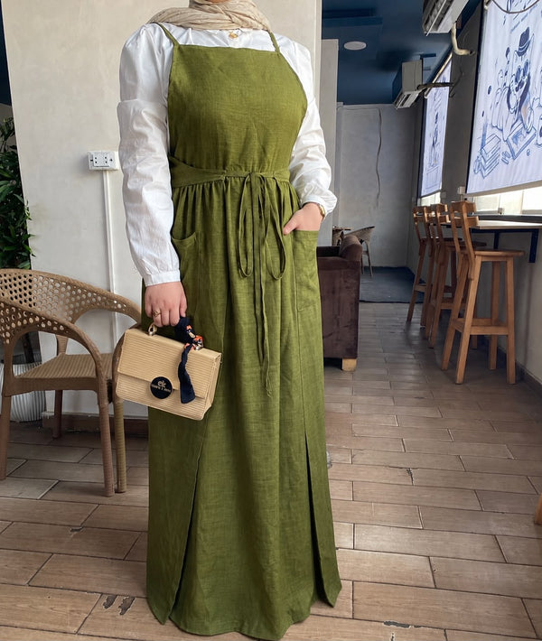فستان زيتي بحمالات وحزام خصر - قماش كتان | Olive Linen Pinafore Dress with Waist Tie