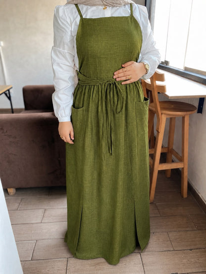 فستان زيتي بحمالات وحزام خصر - قماش كتان | Olive Linen Pinafore Dress with Waist Tie