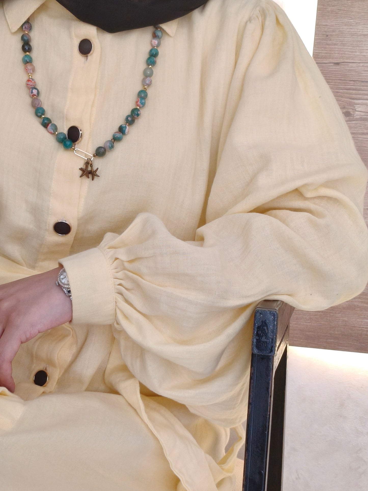 فستان قميص أصفر بأزرار خشبية وحزام خصر | Yellow Shirt Dress with Wooden Buttons and Waist Belt