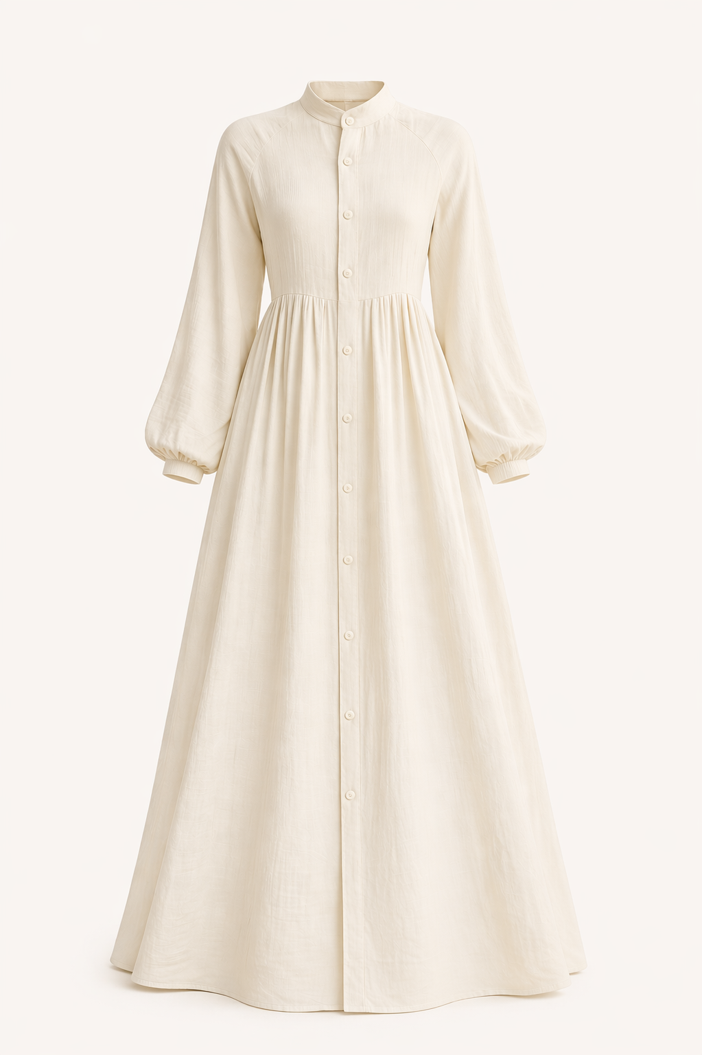 Cream button-front flared dress.