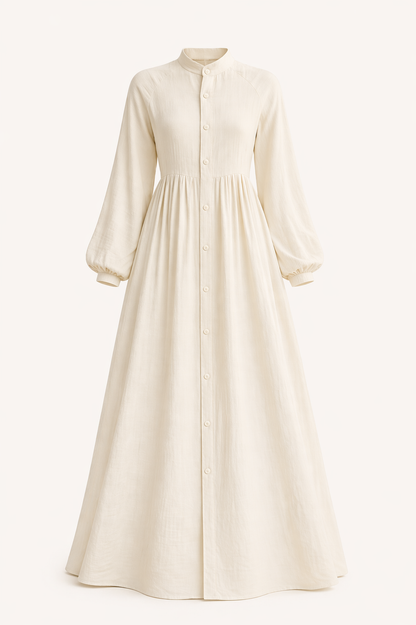 Creamy button-front flared dress.