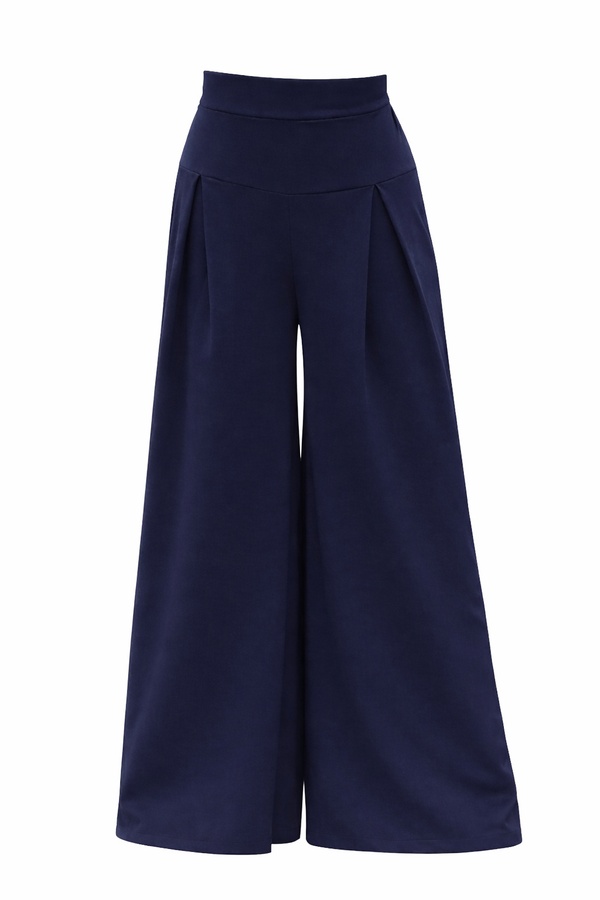 Navy Wide-Leg Maxi Pants |  بنطلون واسع بكسرات كحلي
