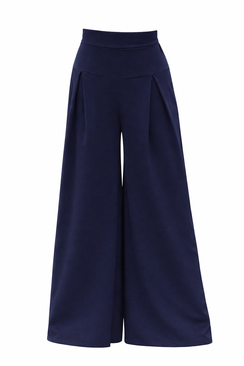 Navy Wide-Leg Maxi Pants |  بنطلون واسع بكسرات كحلي