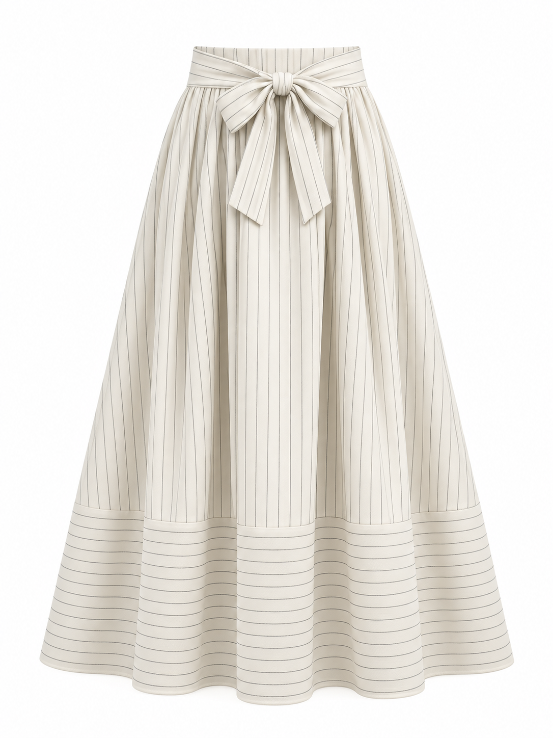 جيبة جبردين مقلمة بفيونكة سكري | Striped Gabardine Bow Skirt – Cream