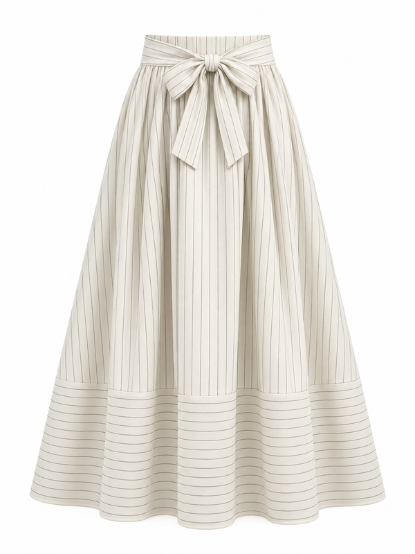 جيبة تي آر مقلمة بفيونكة سكري | Striped TR Bow Skirt – Cream