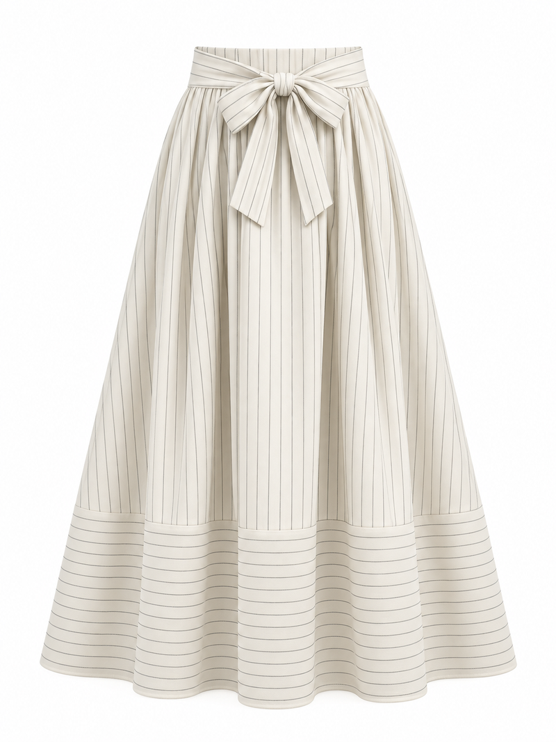 جيبة تي آر مقلمة بفيونكة سكري | Striped TR Bow Skirt – Cream