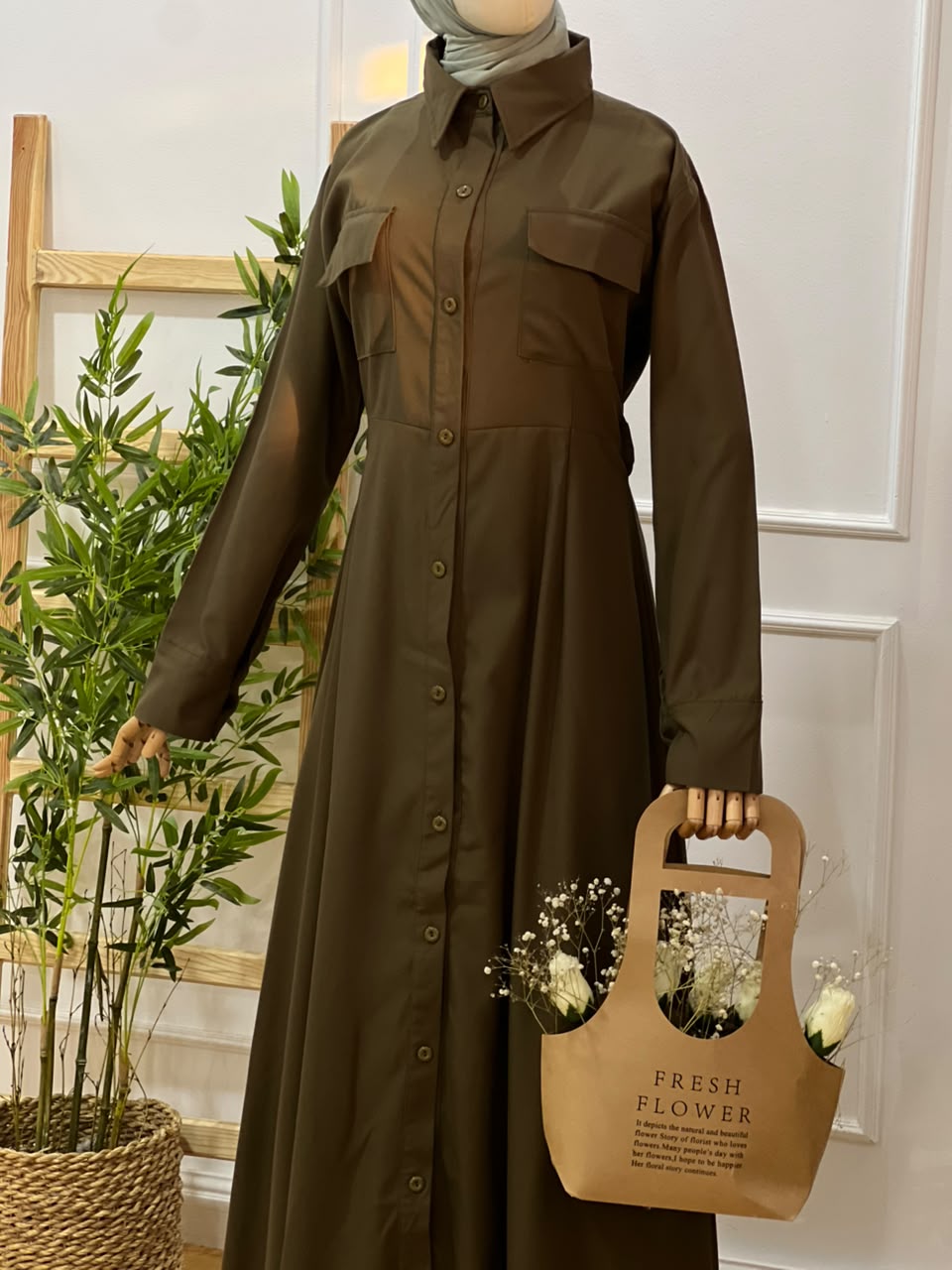 فستان غاباردين زيتي
