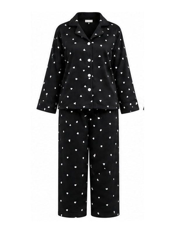 بيجامة شتوي قطيفة أسود بقلوب | Black Heart Print Velvet Pajama Set