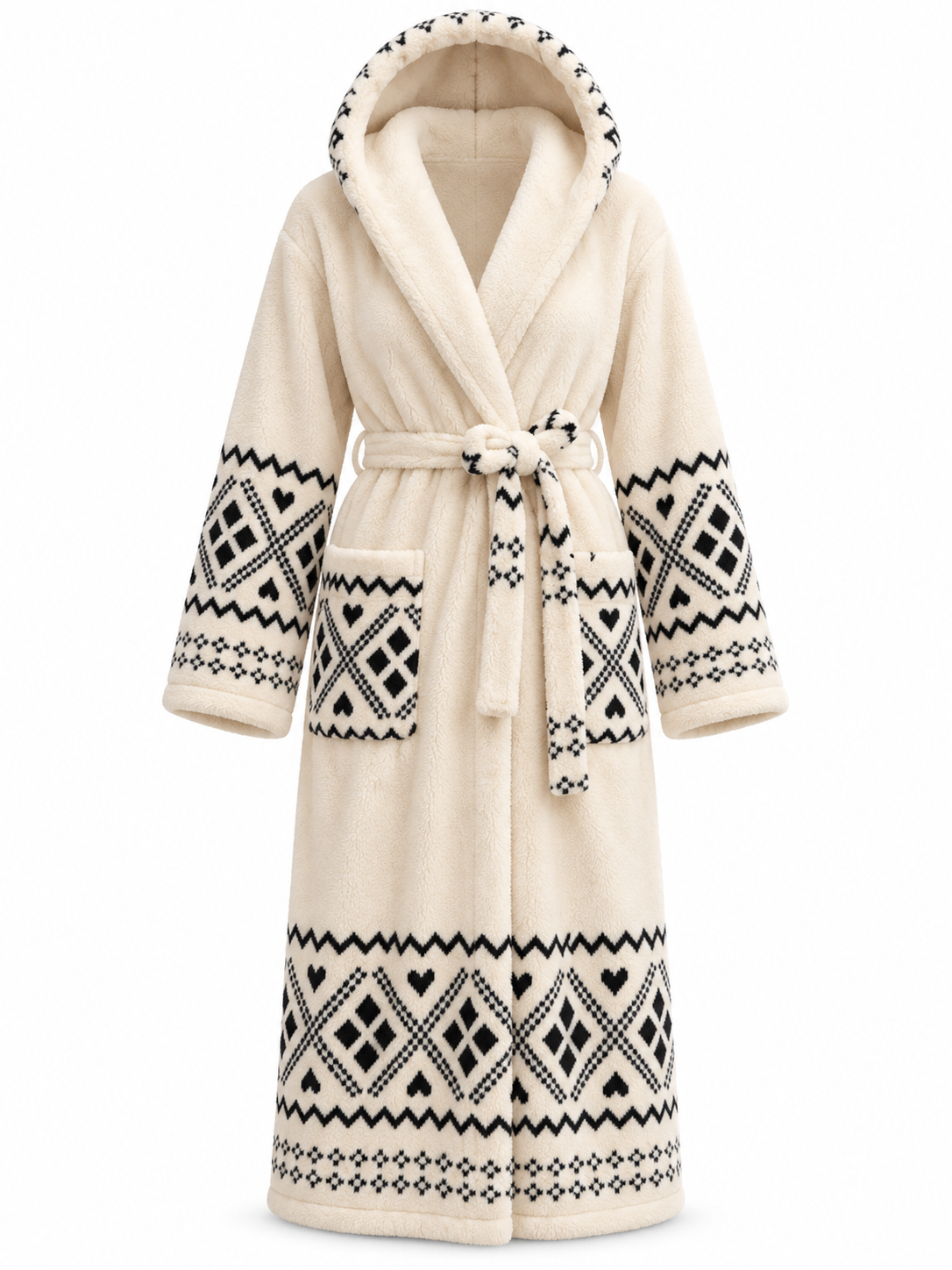 روب شتوي فرو أبيض بنقشة وكاب | White Patterned Hooded Fur Robe