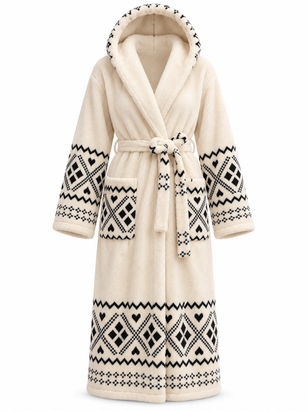 روب شتوي فرو أبيض بنقشة وكاب | White Patterned Hooded Fur Robe