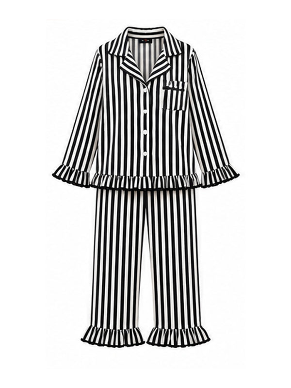 بيجامة شتوي مقلمة أبيض في أسود | Black & White Striped Ruffle Pajama Set