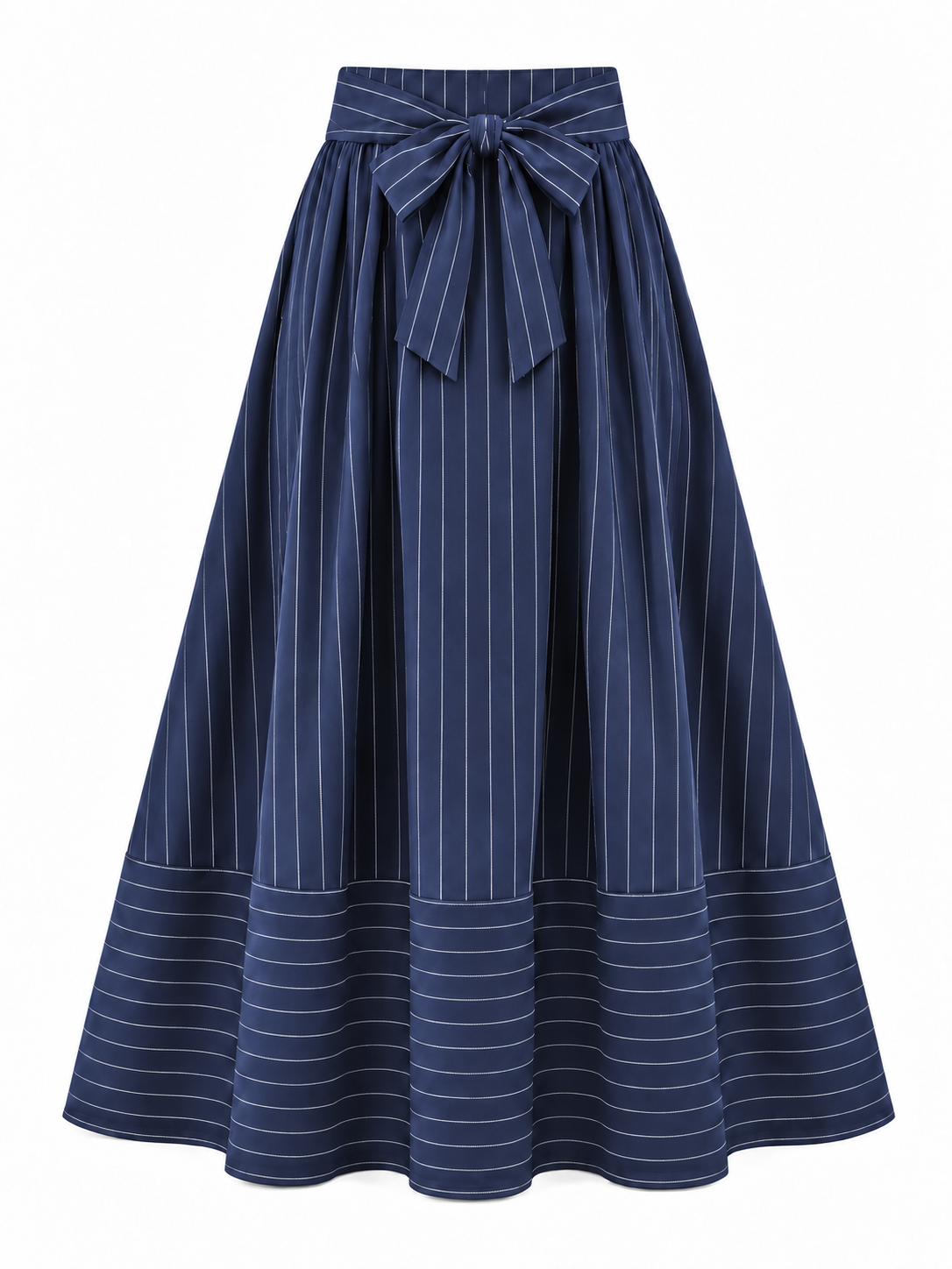 جيبة جبردين مقلمة بفيونكة كحلي | Striped Gabardine Bow Skirt – Navy