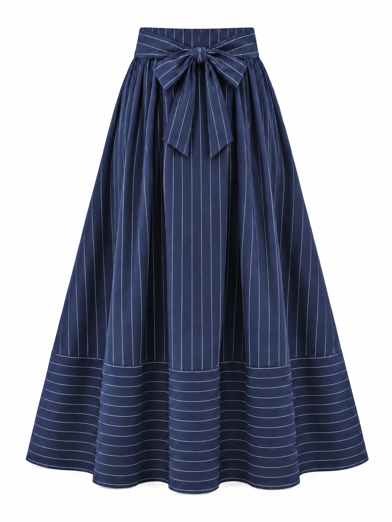 جيبة تي آر مقلمة بفيونكة كحلي | Striped TR Bow Skirt – Navy