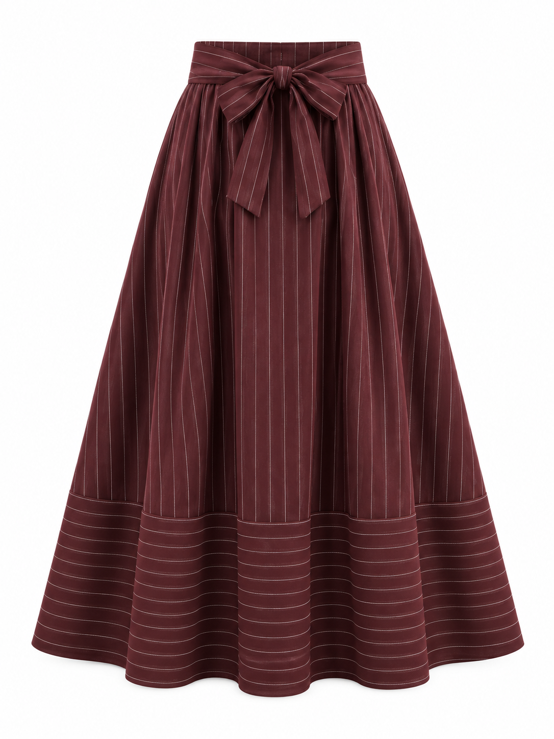 جيبة تي آر مقلمة بفيونكة برغندي | Striped TR Bow Skirt – Burgundy