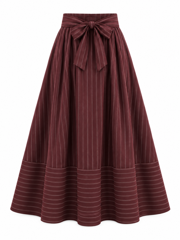 جيبة تي آر مقلمة بفيونكة برغندي | Striped TR Bow Skirt – Burgundy