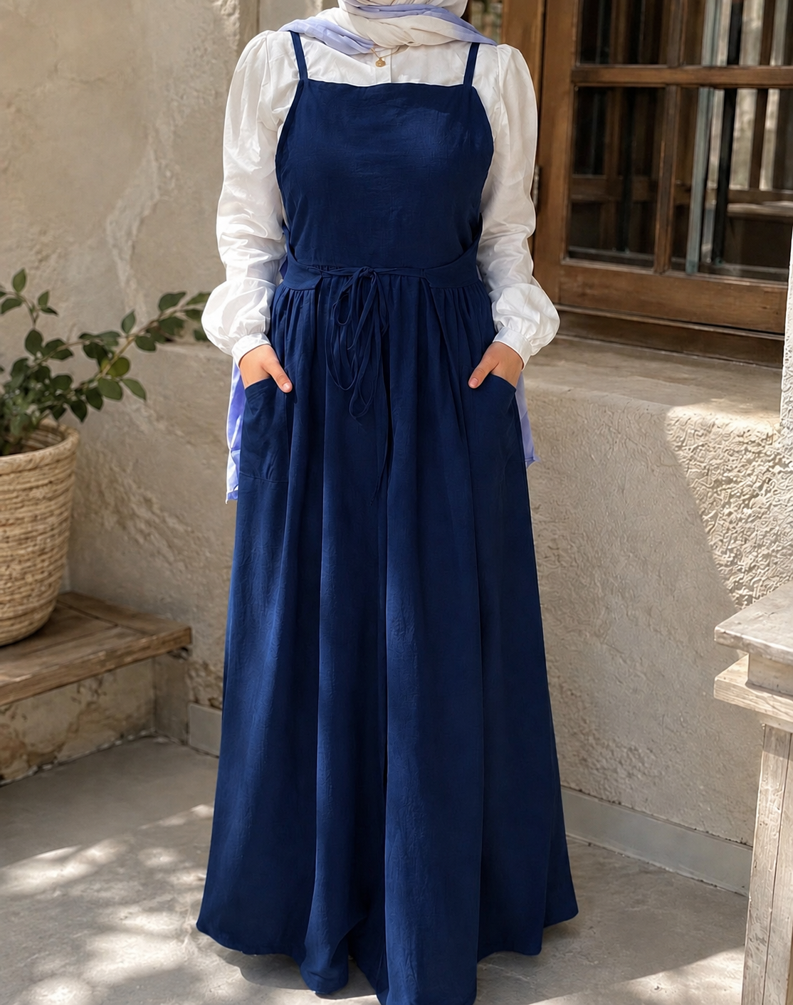 فستان كحلي بحمالات وحزام خصر - قماش كتان | Navy Linen Pinafore Dress with Waist Tie