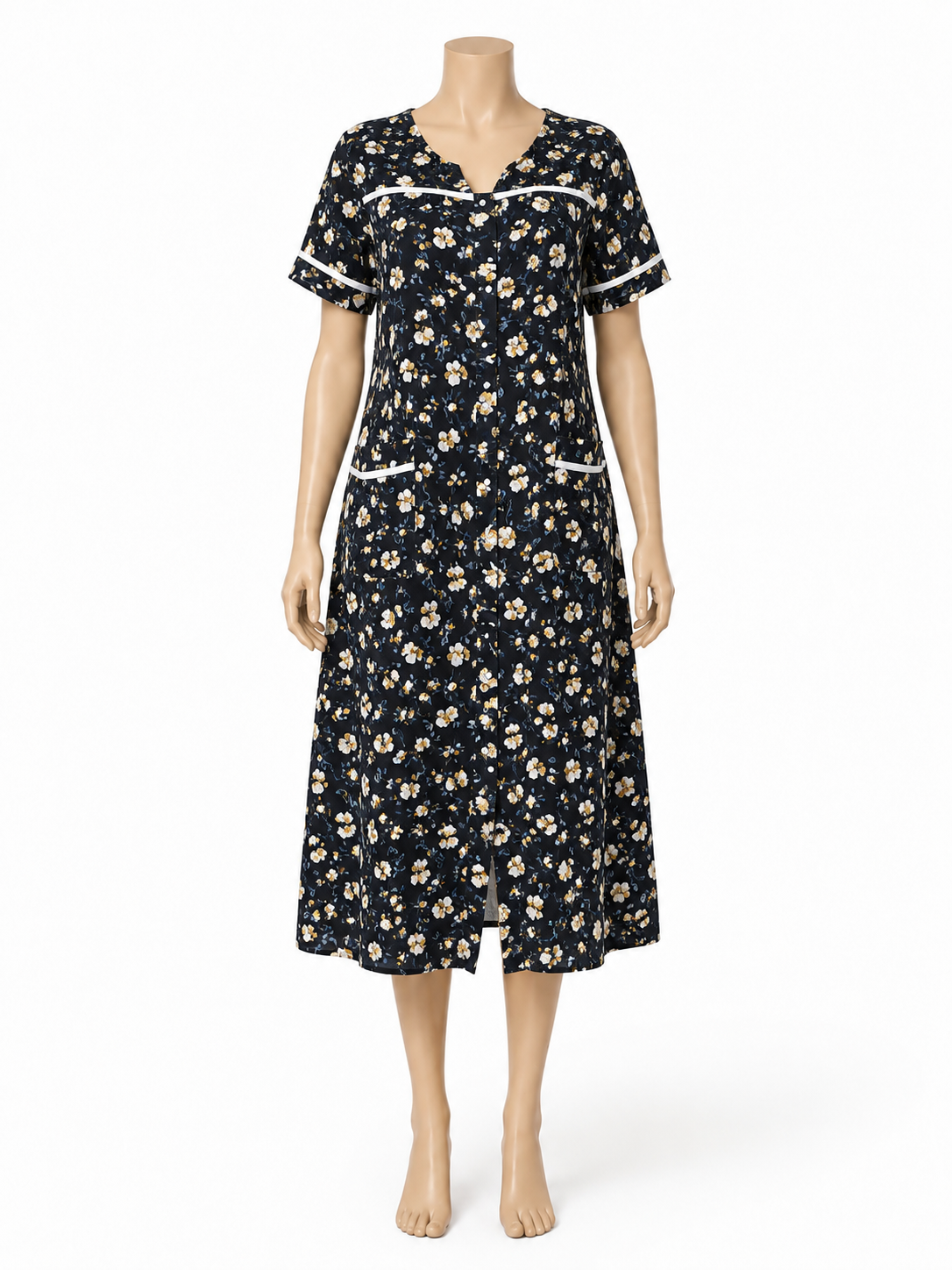 فستان بيتي قطن أسود منقوش بجيوب | Black Floral Cotton Home Dress