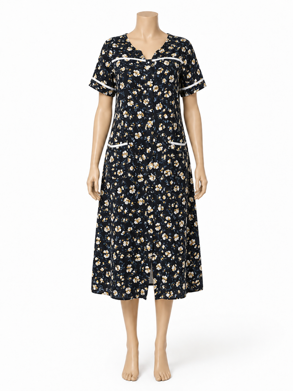 فستان بيتي قطن أسود منقوش بجيوب | Black Floral Cotton Home Dress